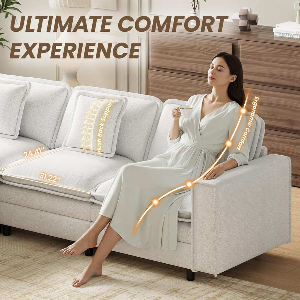 MALOL Modular Sectional Sofa 107', Comfy Cloud Couch with Ottoman, Deep 4-Seat L Shaped Modular Sofa, Couches with Throw Pillows for Living Room, Beige