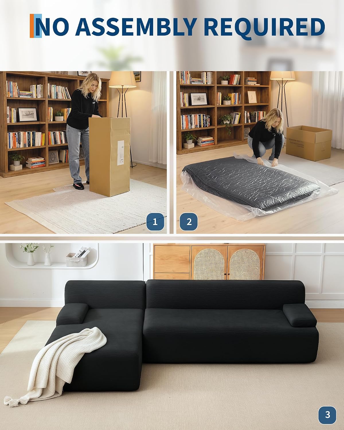 108' Cloud Sectional Couch with Chaise - Super Fluffy Boneless Sofa, Ultra Soft Corduroy L Shaped Couch Bed, Creates Cozy Atmosphere. Perfect Comfy Couches for Living Room, No Assembly Required, Black