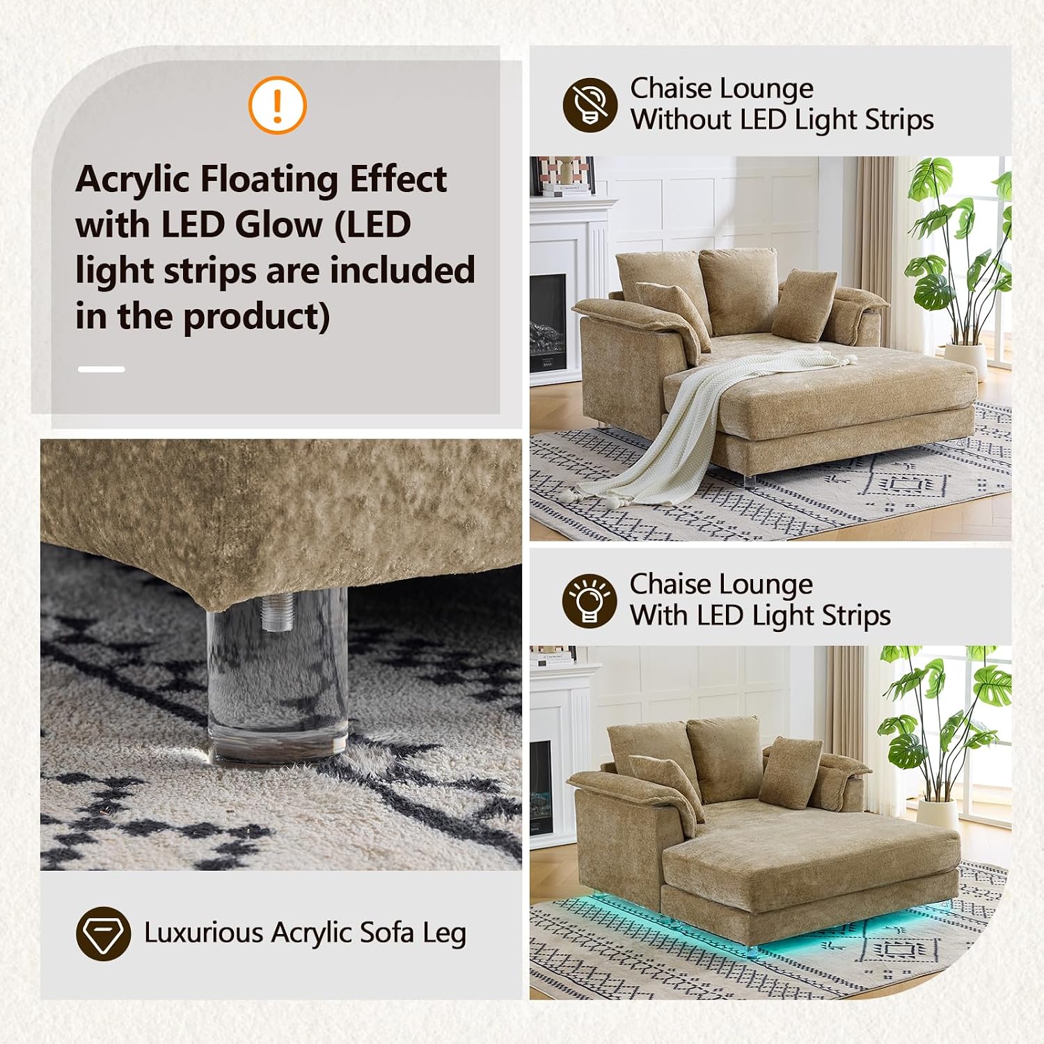 VINGLI Modern Floating Chaise Lounge Chair with LED Lights & Acrylic Legs, Upholstered Cushion Deep Seat Lounge Sofa with Iron-Wood KD Frame, Pillow Armrest Accent Chair for Living Room, Apartment