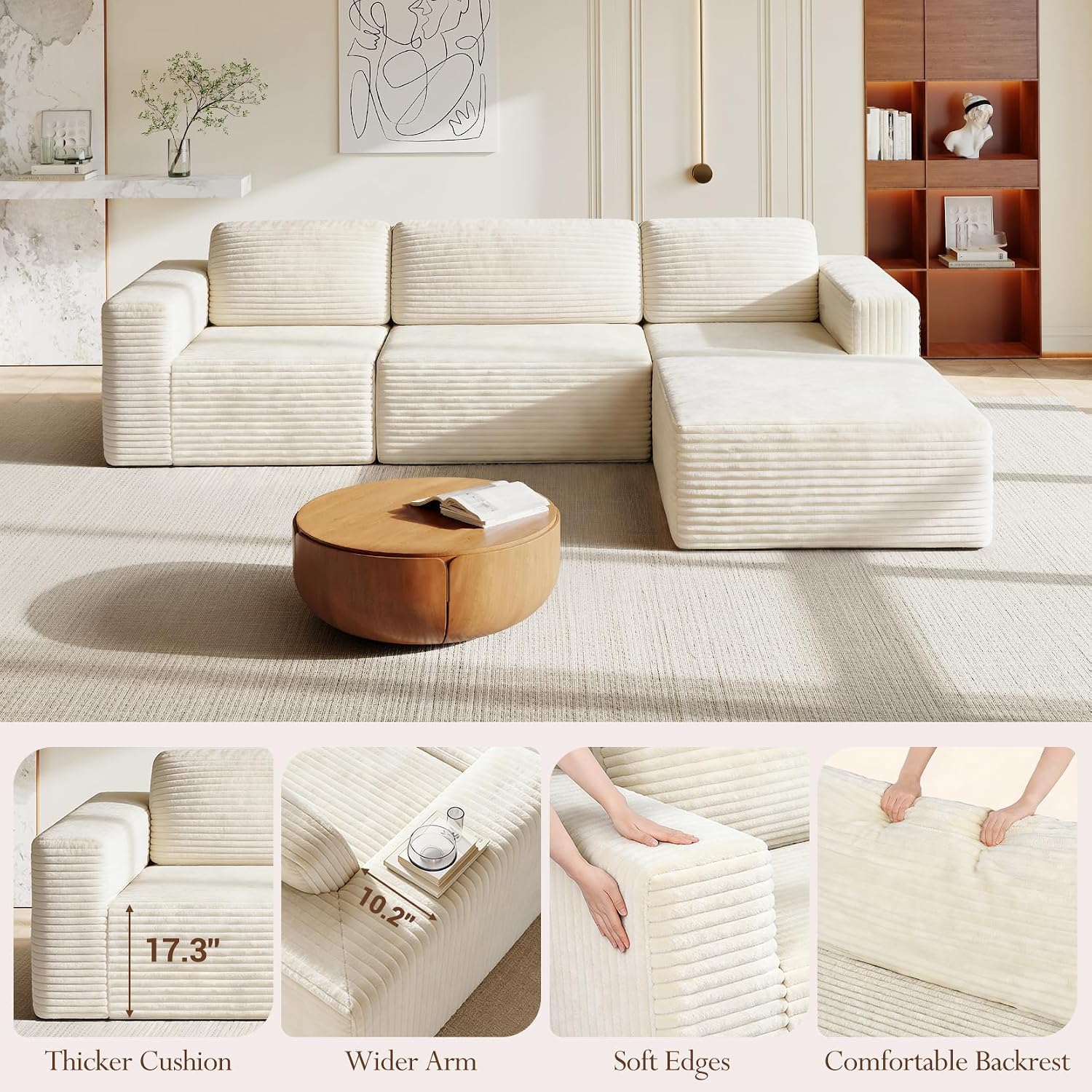 Vesgantti 119' L-Shaped Modular Sectional Sofa, Corduroy Cloud Couch with Deep Seating & Spring Support, Flexible Layout Sofa with Ottoman, Boneless Style, No Assembly Required, Beige