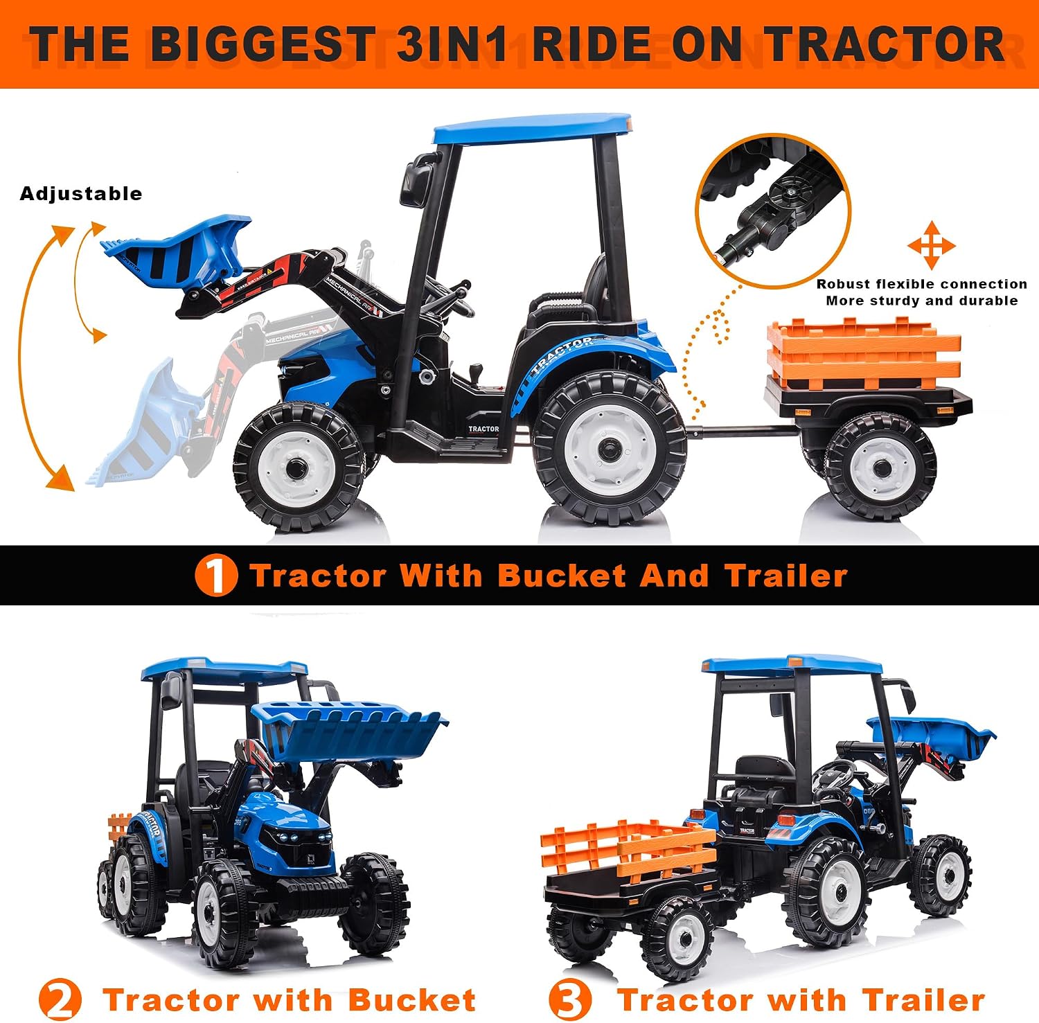 Kidsera 24V Kids Ride on Tractor with Trailer & Front Loader, 3 In1 Tractor 4-Gearbox 24volt Dual Motors Metal Frame, 24V Ride on Toys for Big Kids, Power Wheels Kids Electric Vehicles (Blue)