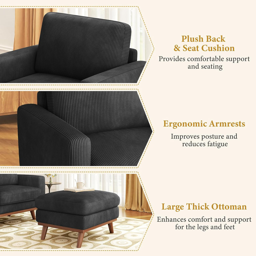 Vesgantti 38.5' Accent Chair with Movable Ottoman, Comfy Corduroy Armchair with Spring Cushion, Reading Chair with Ottoman, Modern Single Sofa for Living Room, Bedroom and Apartment, Black