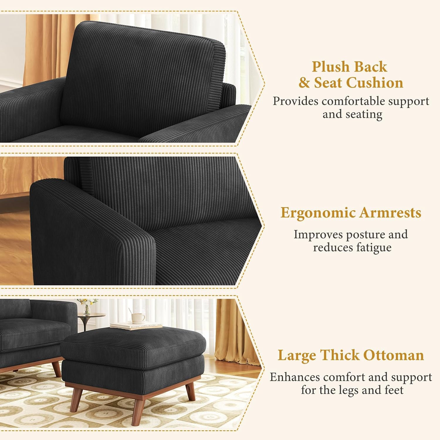 Vesgantti 38.5' Accent Chair with Movable Ottoman, Comfy Corduroy Armchair with Spring Cushion, Reading Chair with Ottoman, Modern Single Sofa for Living Room, Bedroom and Apartment, Black