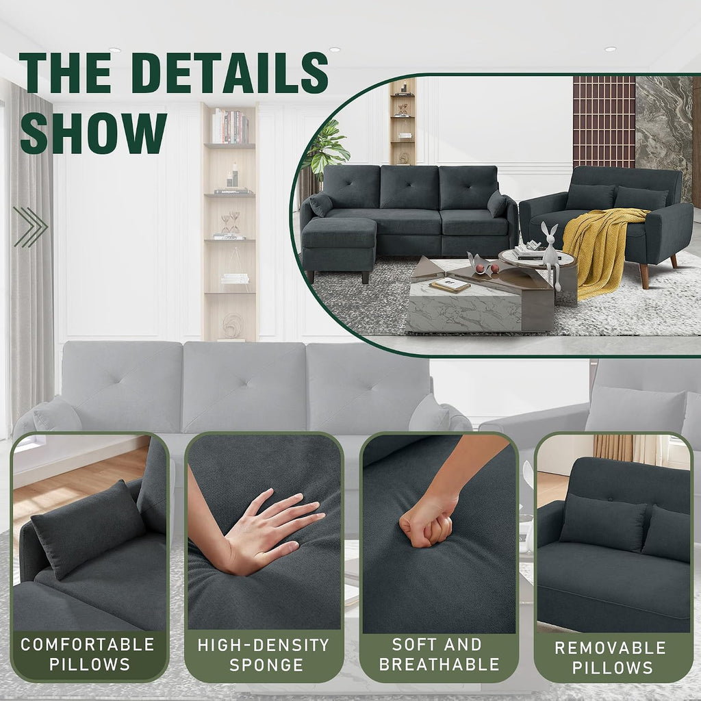 Convertible Sectional Couch Set, 77' L Shaped Sofa with Ottoman and 48' Loveseat, Modern Couches for Living Room, Apartment and Office, Dark Grey