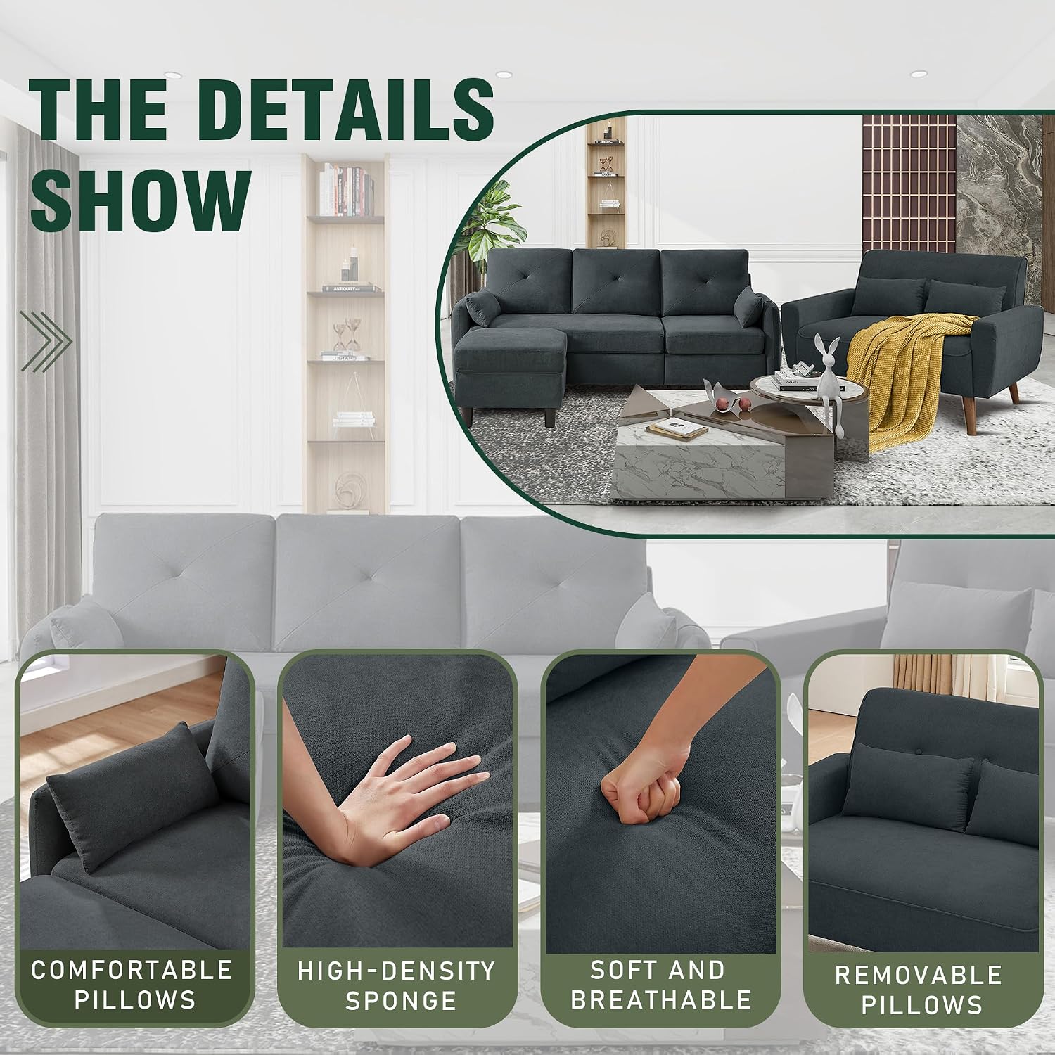 Convertible Sectional Couch Set, 77' L Shaped Sofa with Ottoman and 48' Loveseat, Modern Couches for Living Room, Apartment and Office, Dark Grey