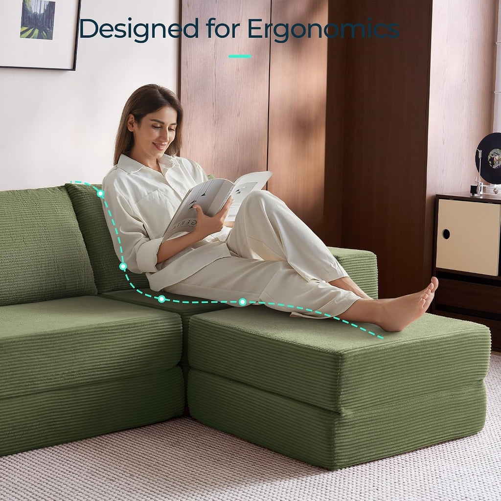 LINSY HOME Oversized Convertible Sofa Bed with 2 Pillows & Ottoman, Corduroy Boneless Couch Folding Modular Sleeper Sofa, L Shaped Couch Floor Sofa for Living Room Apartment, Upgrade Backrest (Green)