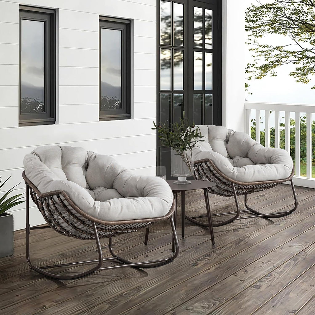 JEEOHEY Papasan Rocking Chairs Outdoor Indoor, Oversized Rattan Rocker Patio Chair with Padded Cushion, Comfy Modern Indoor Egg Chair for Living Room, Bedroom, Porch, Garden, Balcony(Velvet, Beige)