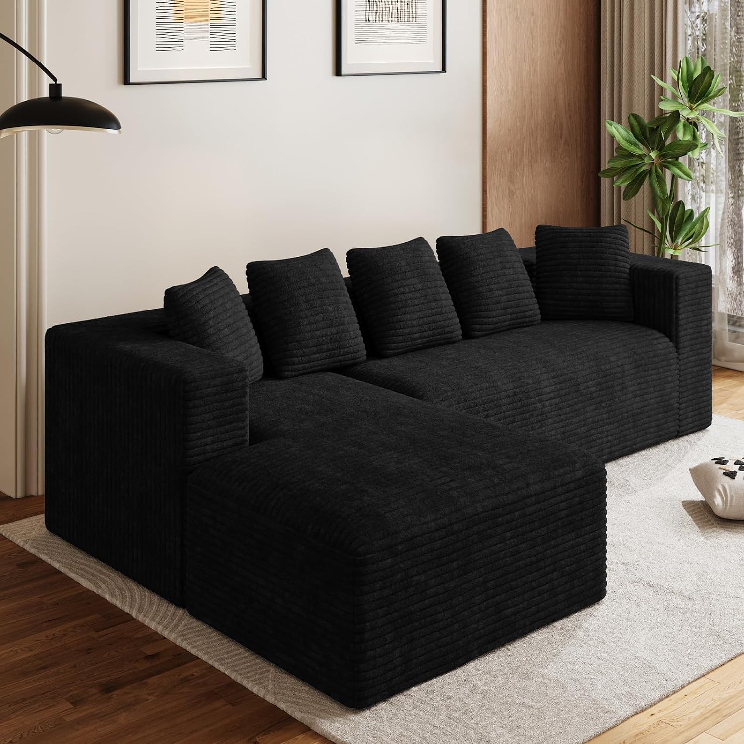 Oversized L Shaped Boneless Sectional Couches for Living Room, 107' Comfy Fluffy Cloud Modular Sectional Sofa, Plush Corduroy Memory Foam Floor Sofa with Left Facing Chaise Couch