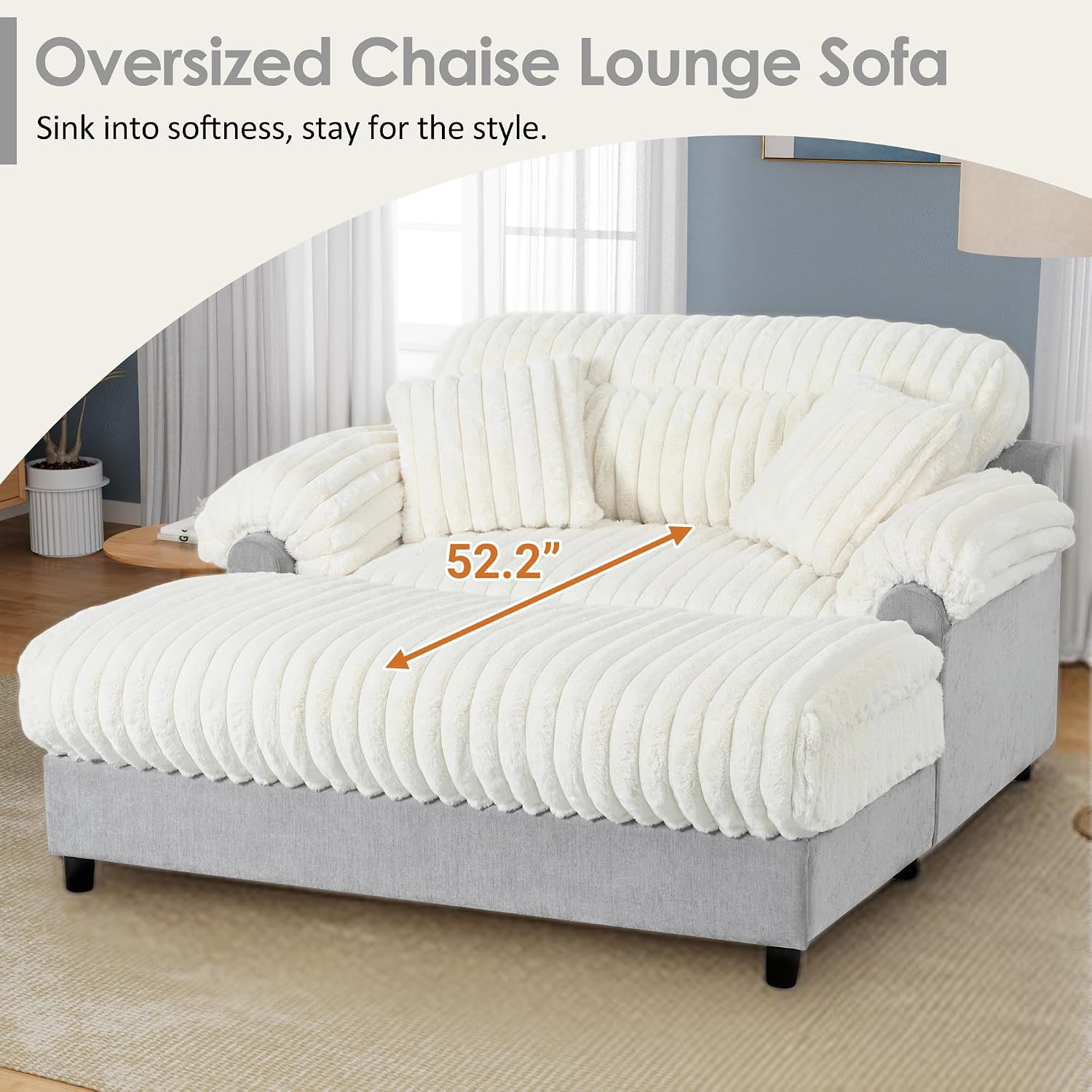 Merax 65' Oversized Chaise Lounge Chair with 2 Throw Pillows, Cloud Chaise Sofa Cozy Plush Boneless Sofa Bed for Living Room, Ergonomic Backrest & Curved Armrest (Beige)
