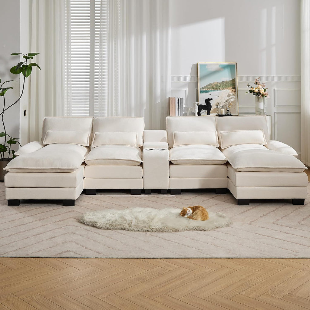 125'' U Shaped Cloud Modular Sectional Sofa with Chaise Lounges, Chenille Upholstered Comfy Couch with Storage Console, USB Charging Ports & Cup Holders, Small Deep Seat Sofa for Living Room, Beige