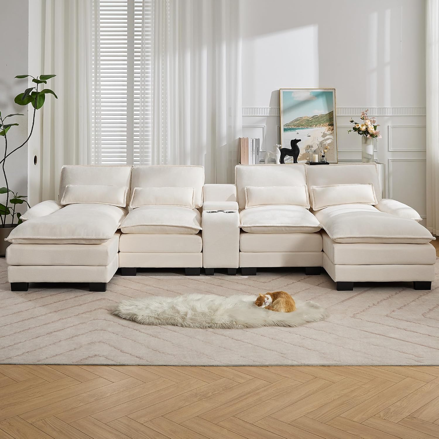 125'' U Shaped Cloud Modular Sectional Sofa with Chaise Lounges, Chenille Upholstered Comfy Couch with Storage Console, USB Charging Ports & Cup Holders, Small Deep Seat Sofa for Living Room, Beige