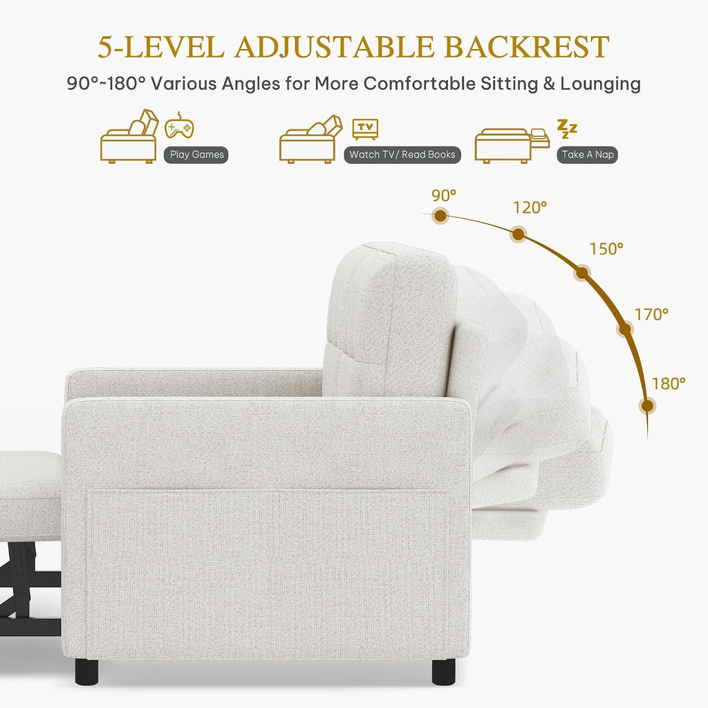 DWVO 55' Convertible Sofa Bed, 3-in-1 Sleeper Sofa with Pull-Out Bed, Linen Futon Couch with Adjustable Backrest and Side Pocket, Modern Loveseat for Living Room Apartment, Light Beige