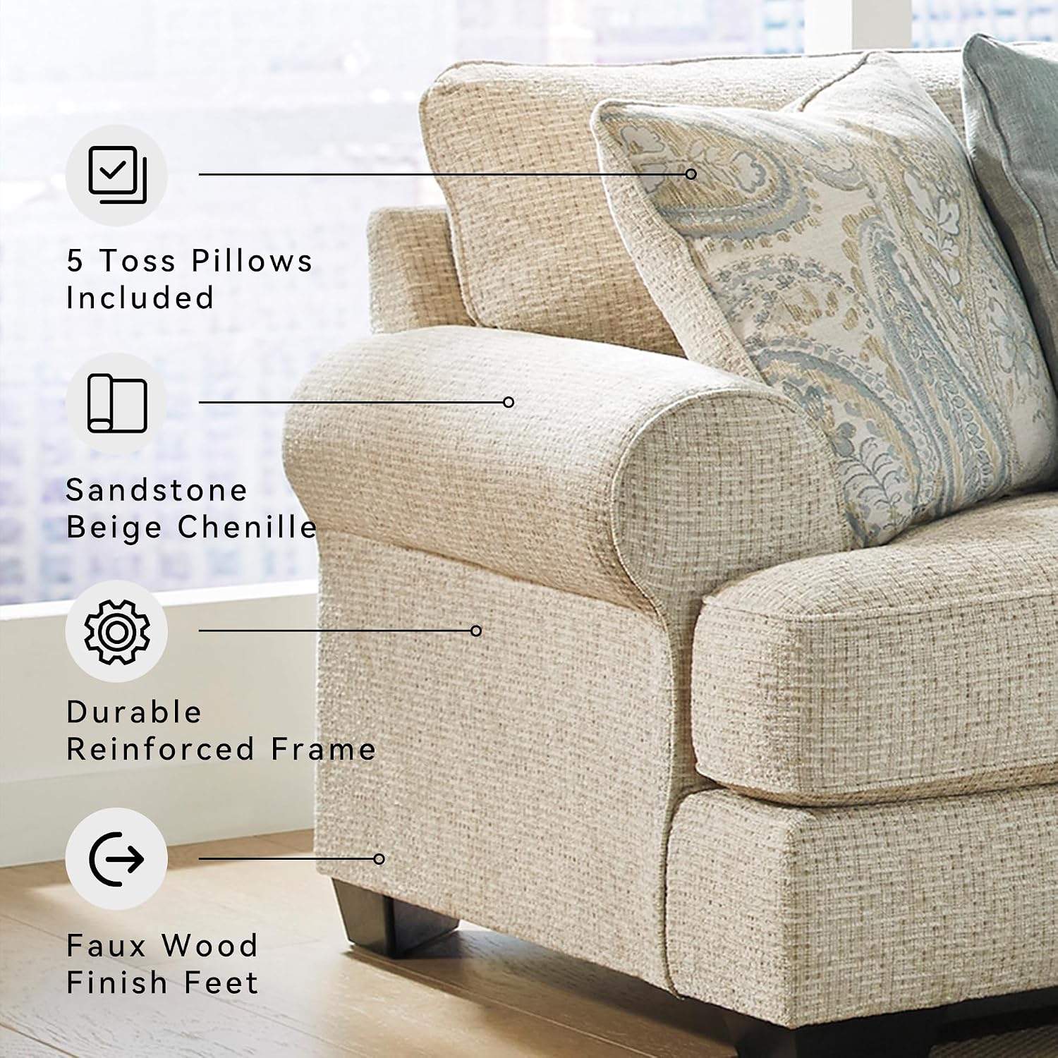 Signature Design by Ashley Monaghan Vintage Sofa with Accent Pillows, Reversible Cushions and Rolled Arms, Beige
