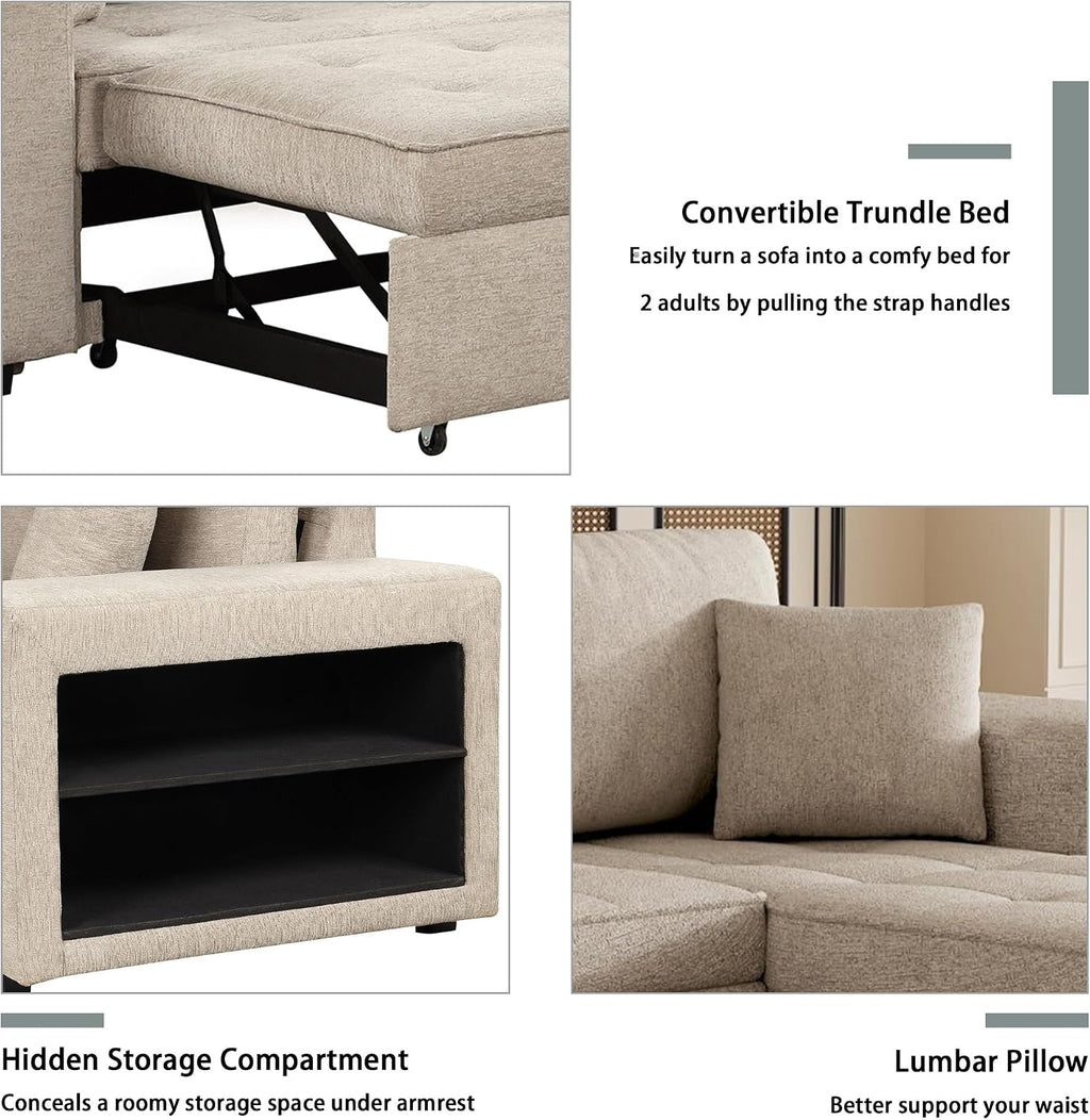 104.5 inch Reversible Sleeper Sectional Sofa with Pull Out Bed , Convertible L Shaped Sectional Couch with Storage Chaise and 2 Stools , Tufted Upholstered Pullout Sofa Bed for Living Room Apartment