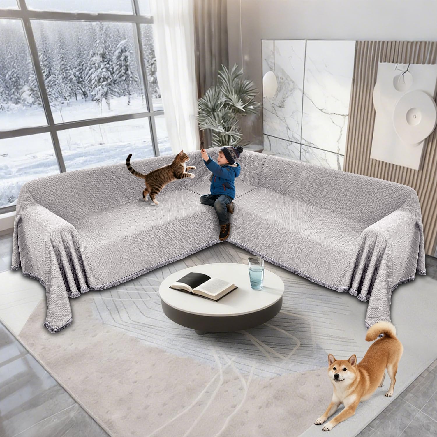 Waterproof Sectional Couch Covers Sectional Sofa Cover L Shaped Corner Sofa Slipcovers Blanket for Dogs Pets Washable Jacquard Quilted L Shape Furniture Protector (75x252 in, Ash Gray)