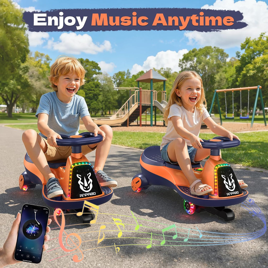 ANPABO 12V Electric Wiggle Car with Pedals, 2 Seater, 2x75W Motor, Music & Bluetooth, Ride On Toy for Kids Ages 3+, 170 Lbs, Orange
