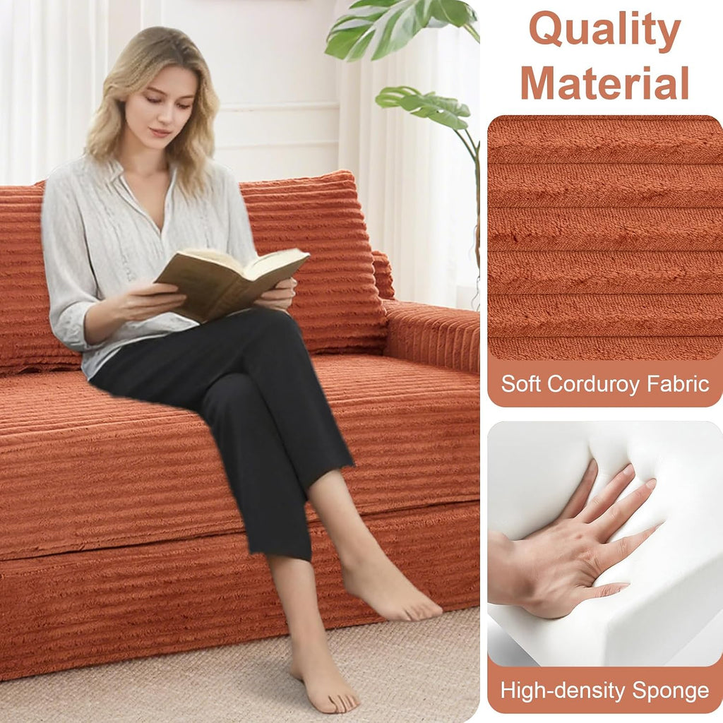 GNIXUU Corduroy Cloud Loveseat Sofa, 2 in 1 Convertible Sleeper Sofa with Fixed-Shape Frame, Comfy Folding Boneless Love Seat Couches for Living Room, Apartment, Small Spaces. Orange