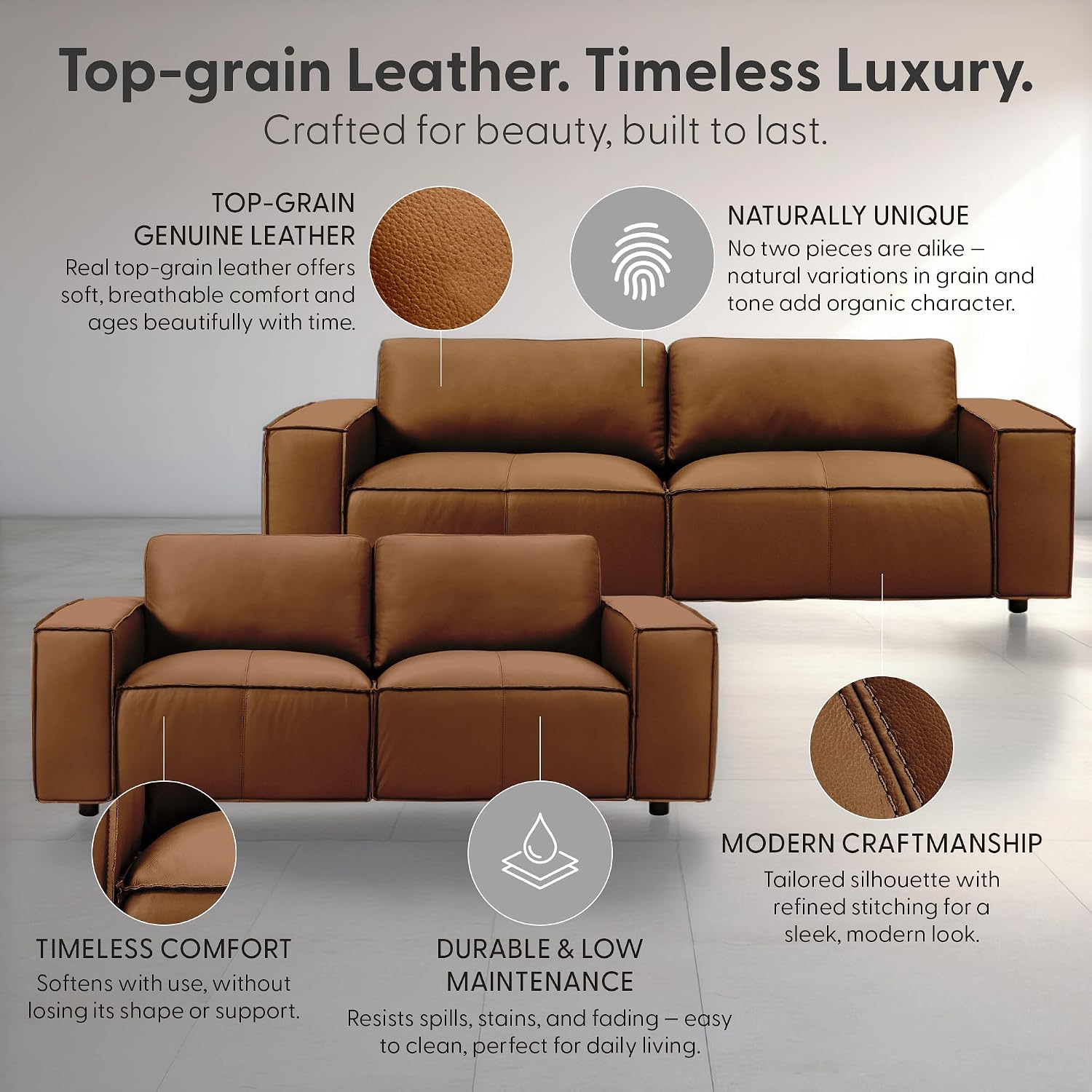 Clayton 2-Piece Leather Living Room Set in Anthracite Gray or Ochre