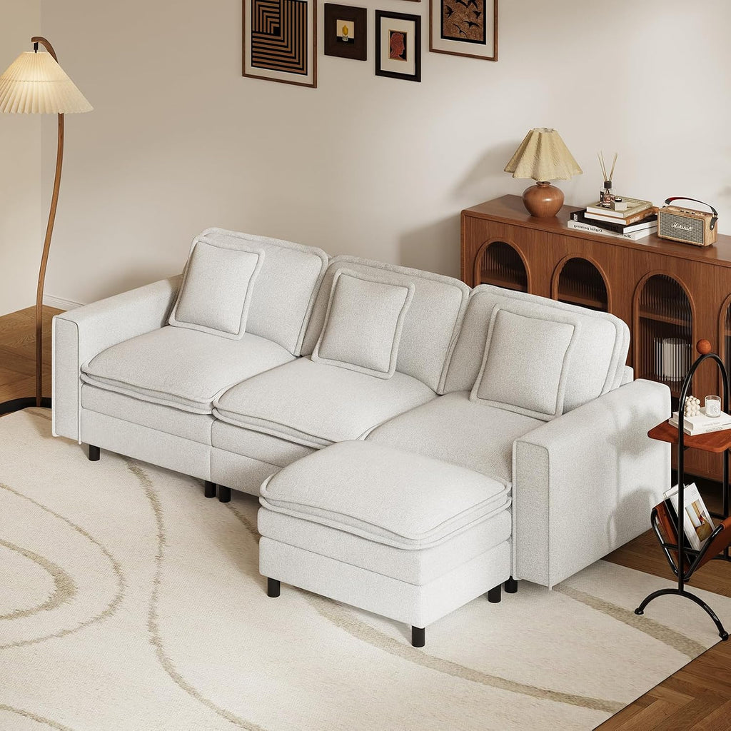 MALOL Modular Sectional Sofa 107', Comfy Cloud Couch with Ottoman, Deep 4-Seat L Shaped Modular Sofa, Couches with Throw Pillows for Living Room, Beige