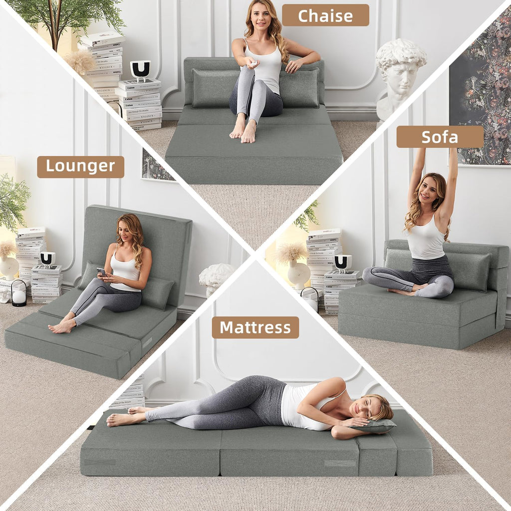 FILUXE Folding Sofa Bed | Convertible Sleeper Chair Bed for Adults, Fold Out Chair to Bed Linen Futon Chair with Pillow, for Home Dorm Apartment RV Living Room, Standard Size, Light Gray
