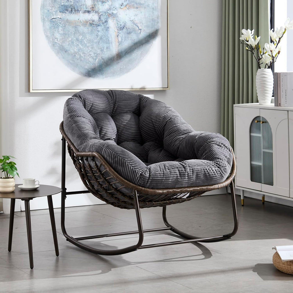 Outside Rattan Rocking Chair with Wicker Cushion, Oversized Lounge Papasan Chair, Outdoor Camping Chairs Patio Furniture for Garden, Balcony, Front Porch & Living Room, Grey2