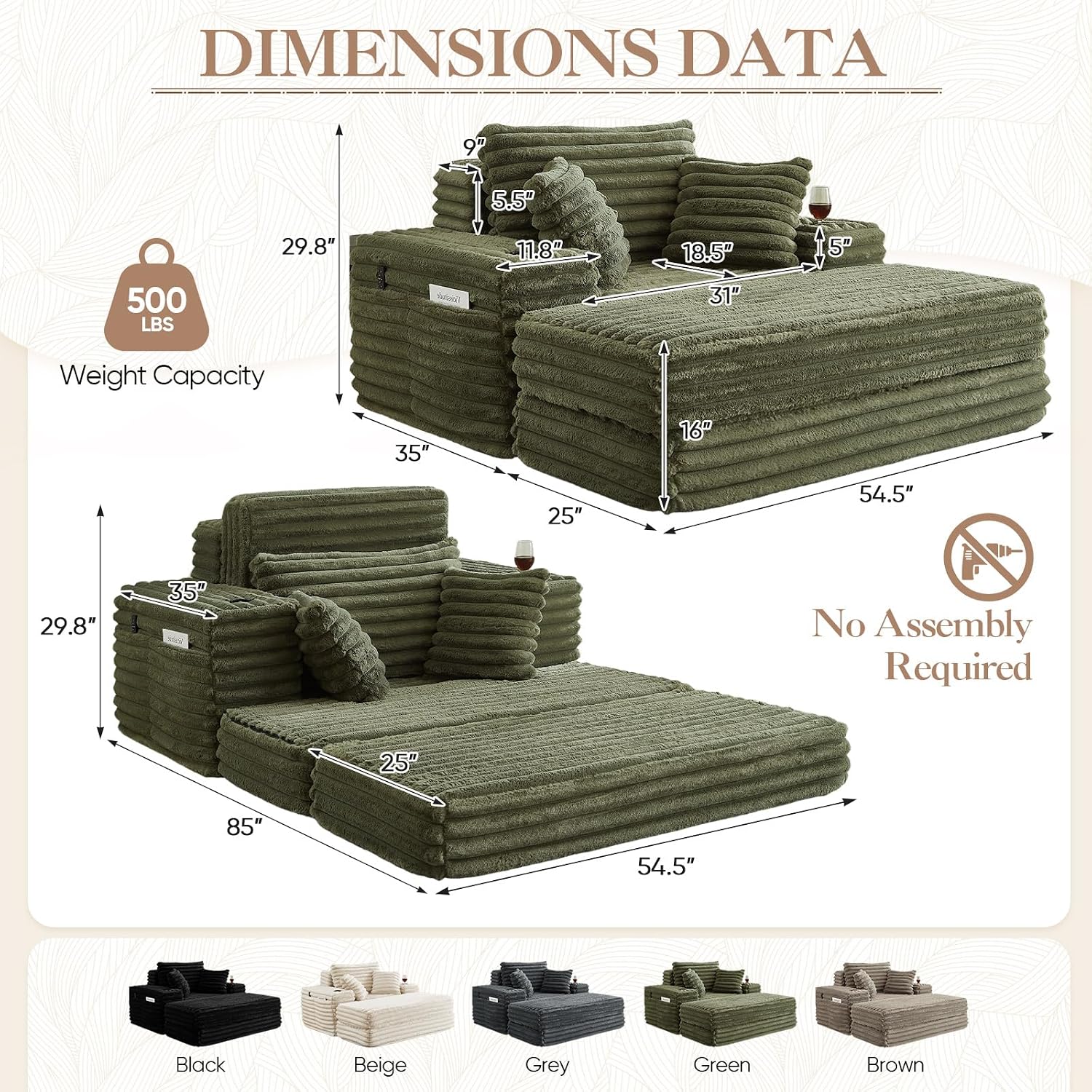 5-In-1 Oversized Chaise Lounge Chair Indoor with Ottoman,54.5'W Faux Fur Convertible Folding Sleeper Sofa Bed with Cup Holder&Side Pocket,Comfy Boneless Couch Sofa Chair for Living Room,Bedroom(Green)