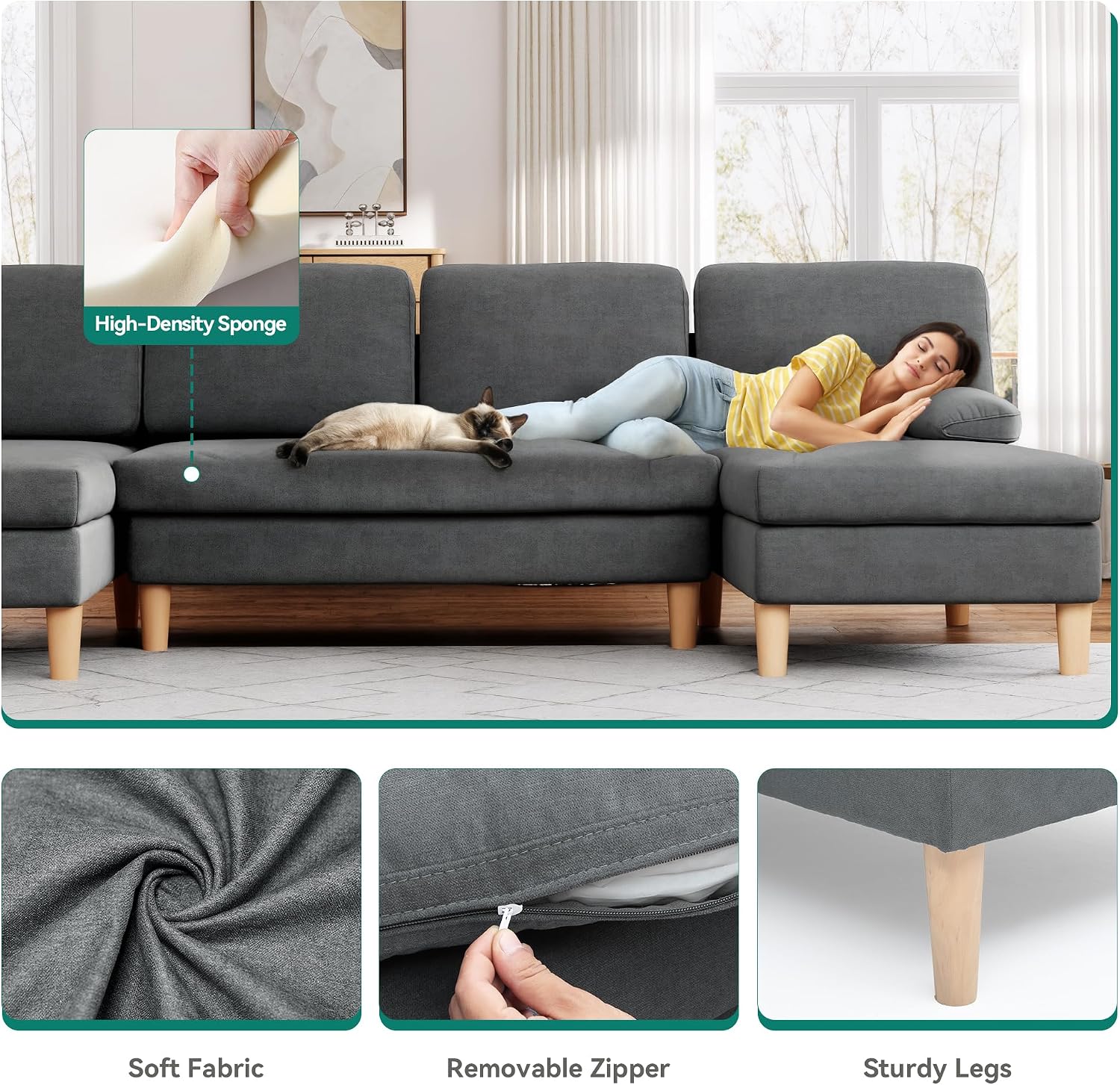 DWVO 109'' U-Shaped Sofa, 4-Seat Cloud Couch with Double Chaise, Storage Armrests & Cup Holder, Thick Cushions, Durable Wood Frame for Living Room