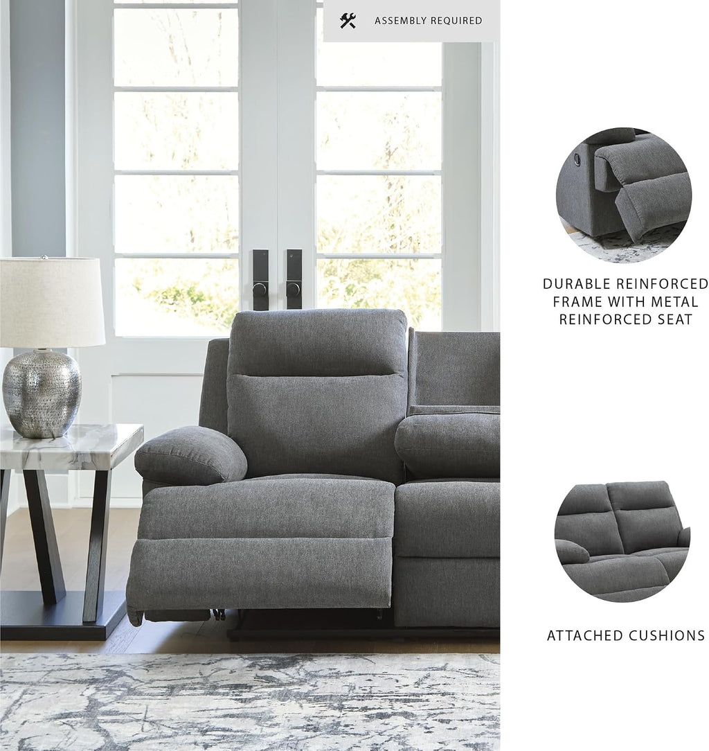 Signature Design by Ashley Yarrow Lane Classic Chenille Manual Pull Tab Reclining Sofa with Drop Down Table and USB Charging, Gray