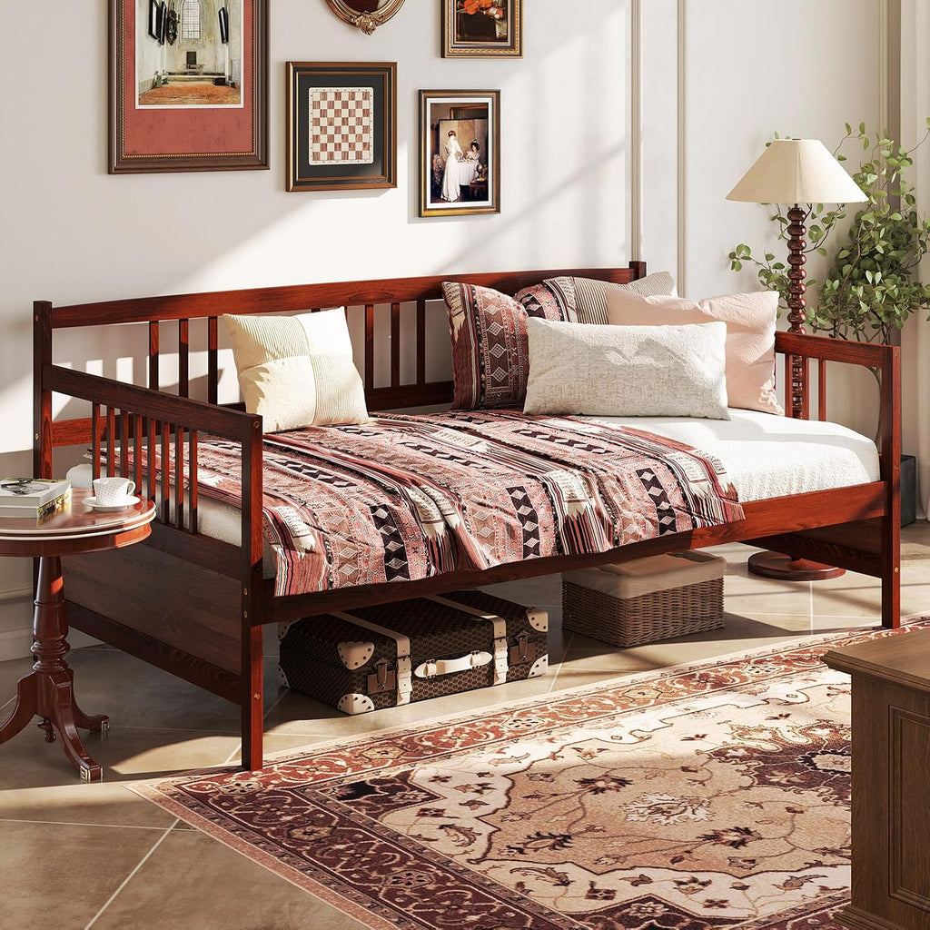 Giantex Twin Daybed Frame, Wooden Sofa Bed Guest Bed with Rails & Wood Slat Support, Dual-use Twin Size Platform Bed Frame for Living Room Bedroom, No Box Spring Needed, Cherry