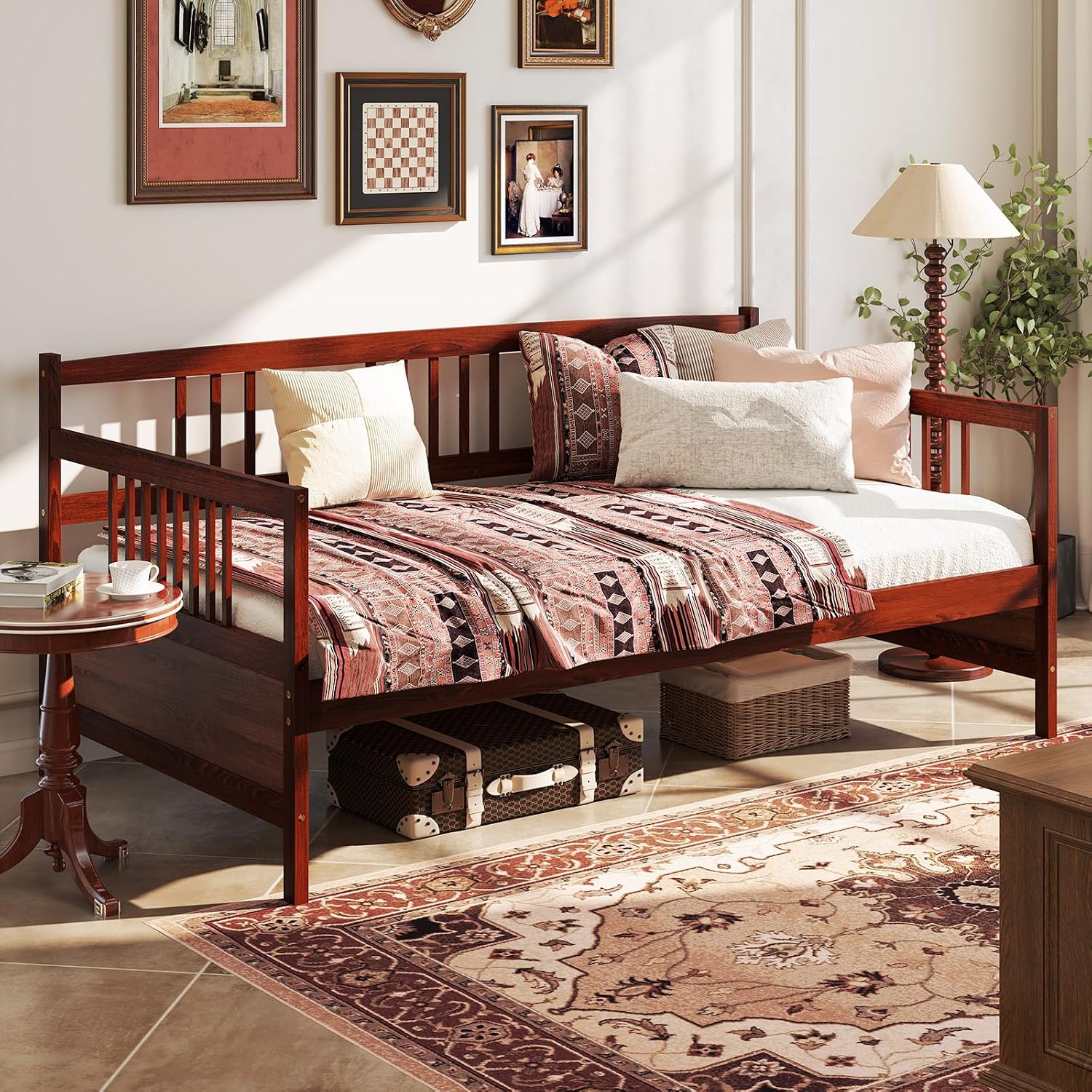 Giantex Twin Daybed Frame, Wooden Sofa Bed Guest Bed with Rails & Wood Slat Support, Dual-use Twin Size Platform Bed Frame for Living Room Bedroom, No Box Spring Needed, Cherry
