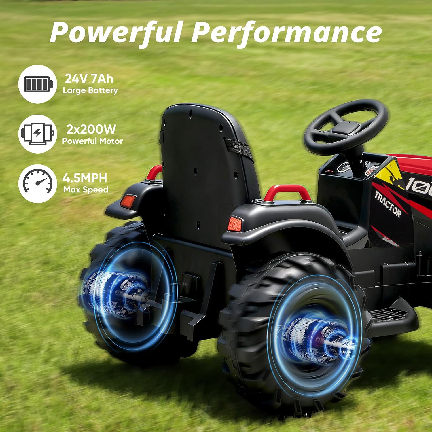 Hikiddo 24V Kids Ride on Tractor Toy, Electric Tractor for Kids 3-8 with Trailer, 2x200W Motors - Red