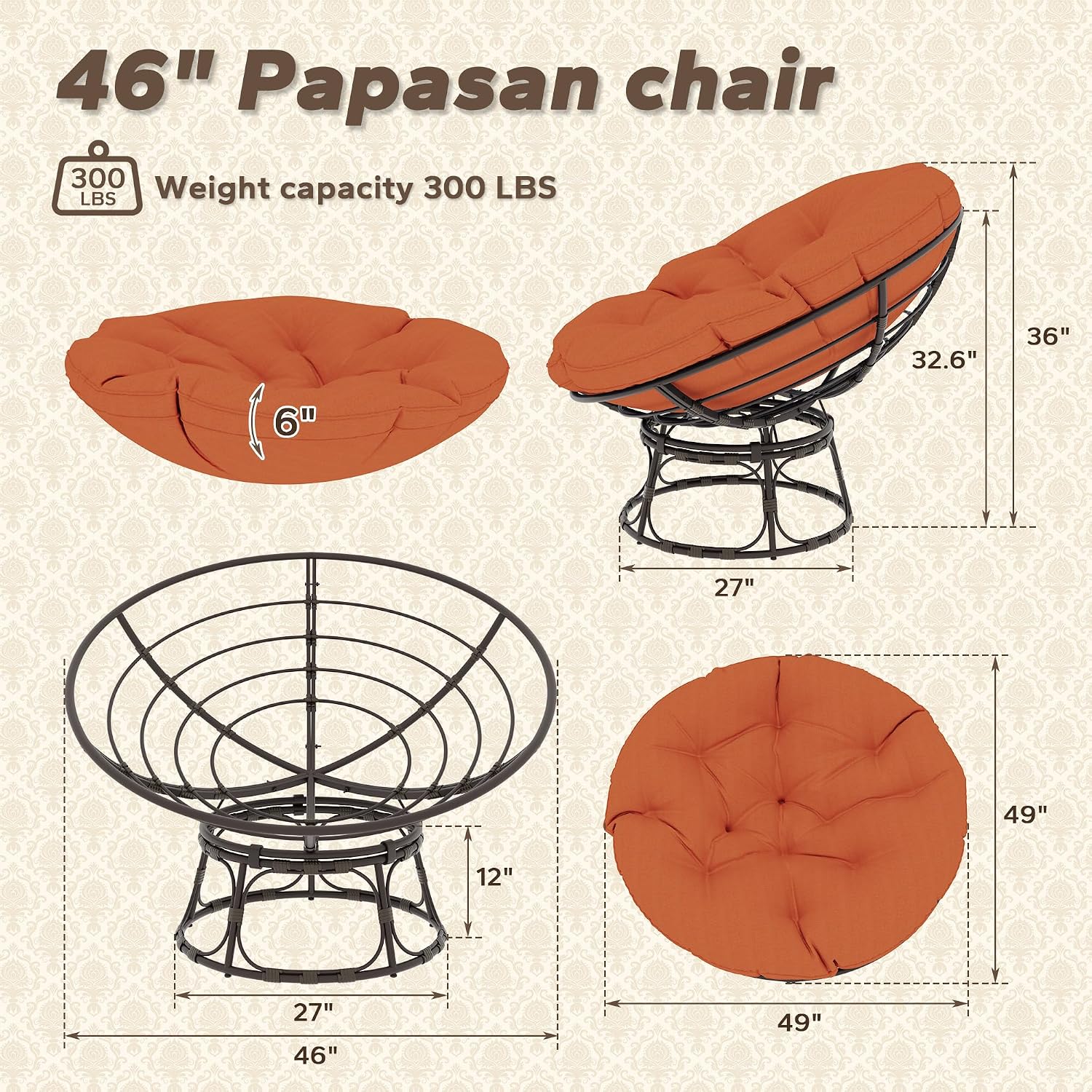 46'' Large Size Papasan Chair (Non-Swivel) with Cushion and Frame, Round Lazy Chair for Living Room and Bedroom, Orange