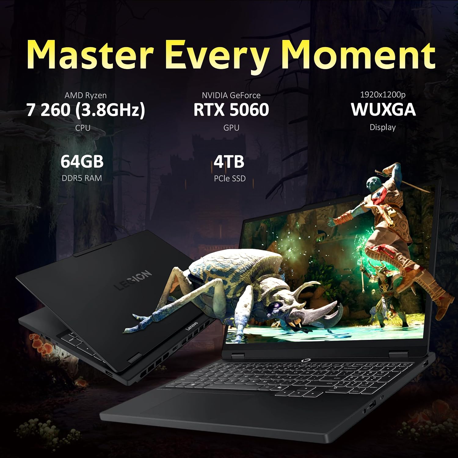 Lenovo Legion 5 15.3' WUXGA 165Hz Gaming Laptop, AMD Ryzen 7 260, GeForce RTX 5060, 64GB DDR5, 5TB Storage (4TB SSD+1TB Docking Station Set), Backlit Keyboard, HD Camera, Wi-Fi 6, Win 11, Black