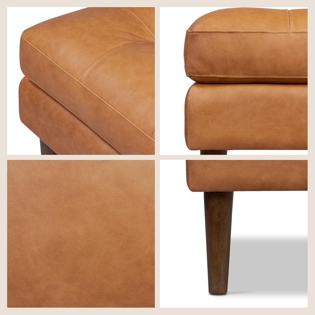 Poly & BARK Napa Ottoman - Full-Grain Leather Upholstered Ottoman with Feather-Down Topper - Couch for Living Room - Vintage Italian Leather in Cognac Tan