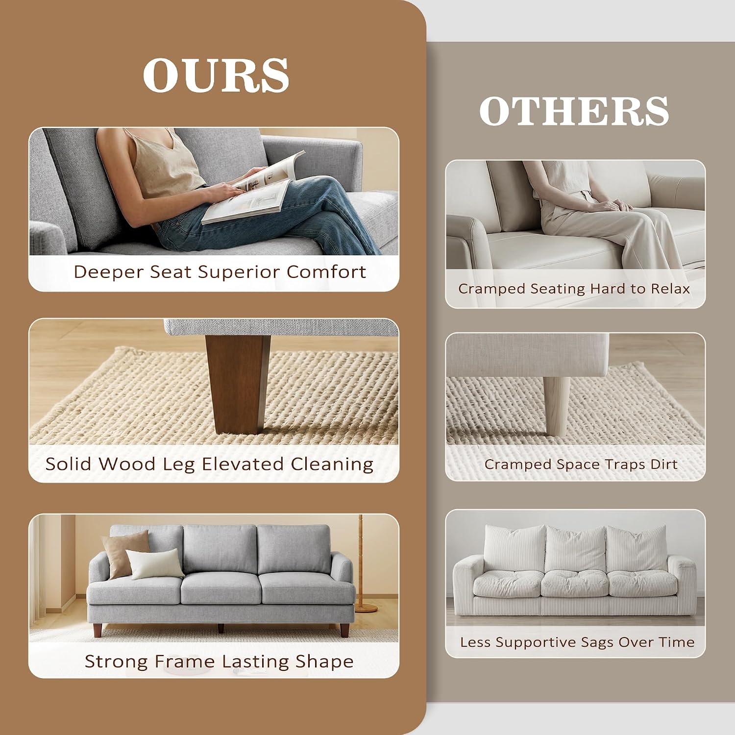 Gericco Mid Century Modern Couches for Living Room, 89' Comfy Grey Couch Sofa with 3-Seater Deep Seats, Upholstered Sofas for Living Room, Office Apartment, Bedroom, Light Grey
