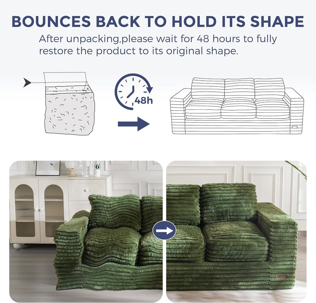 MAXYOYO 3-Seater Boneless Sofa Couch in a Box, Modern Faux Fur Sofa for Living Room, Soft High-Density Foam Couch with Pillows, Fluffy & Supportive Lounge, No Assembly Required, Green