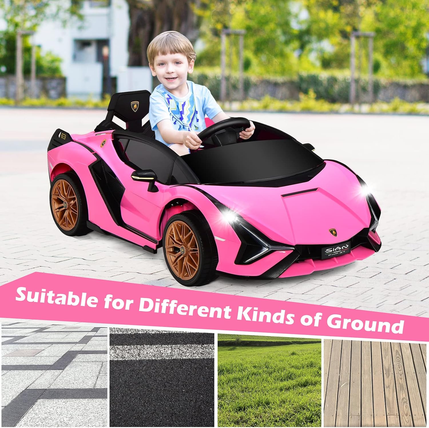 INFANS 12V Licensed Lamborghini Sian Kids Ride On Car with Parent Remote Control, Spring Suspension, MP3 Player, Electric Toy Roadster Carbon Fiber Textured for Toddler (Pink)