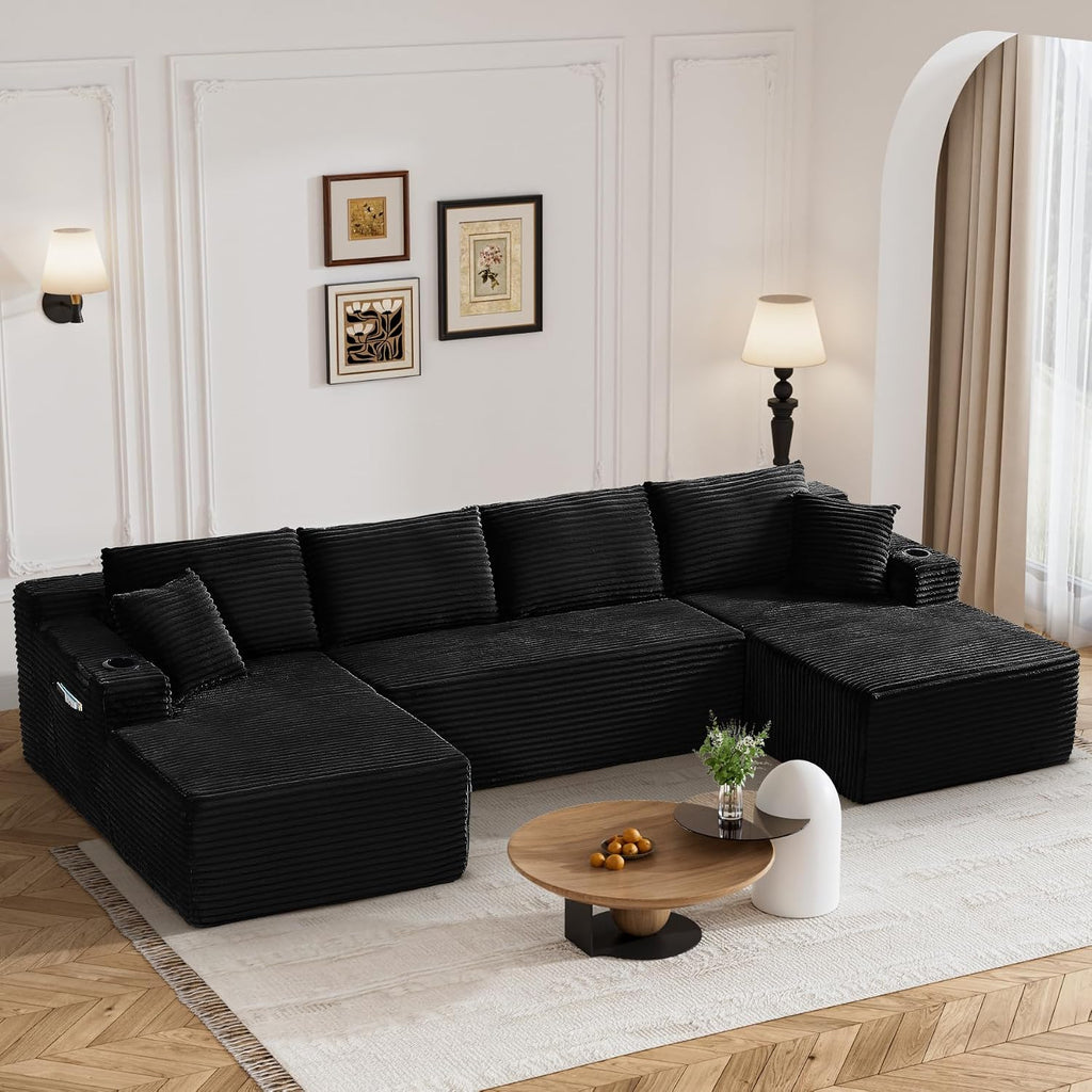 133' Oversized Cloud Boneless Sofa Couch with Chaise, Modern Corduroy U Shaped Modular Sectional Sofa with Deep Seat, Comfy Couch with Cupholders and Storage, No Assembly Required-Black