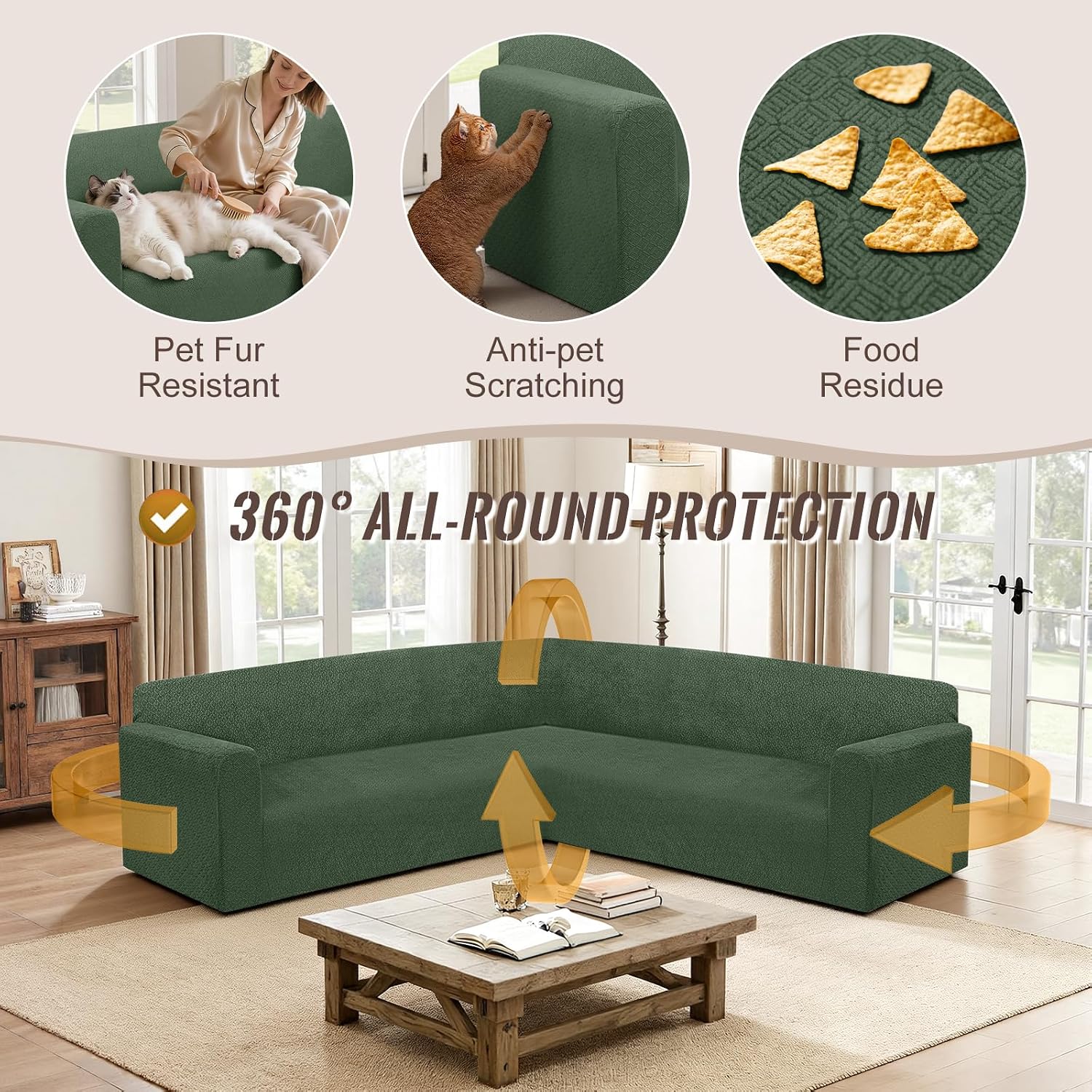 HDCAXKJ Sectional Couch Cover L Shape Stretch Sofa Covers Washable Jacquard Corner Couch Slipcover Non Slip Sectional Slip Cover U Shaped Furniture Protector for Pets Dogs (Army Green, X-Large)