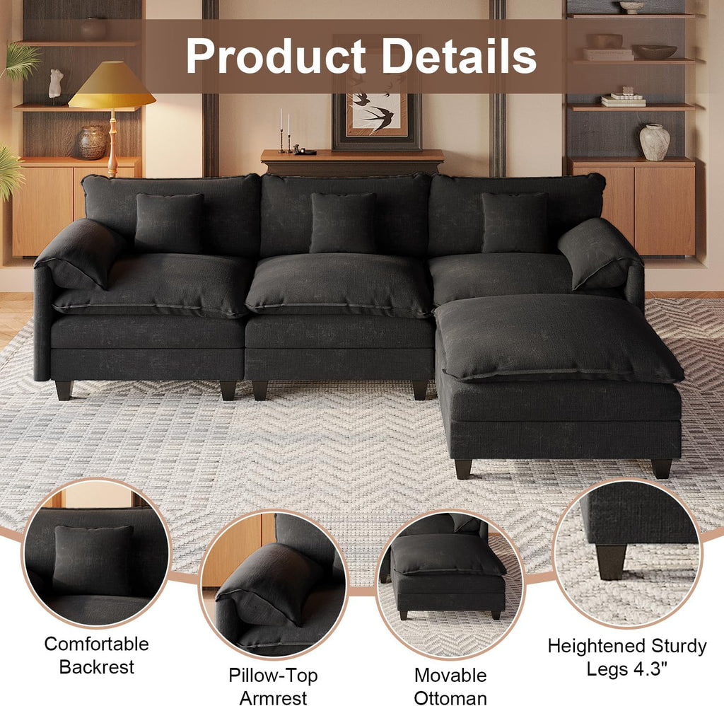 KCGKCG Modular Sectional Sofa, 108' Comfy Cloud Couch with Movable Ottoman | Charging Station | Side Pocket | Throw Pillow, Modern L-Shaped Couches for Living Room, Chenille, Charcoal Black