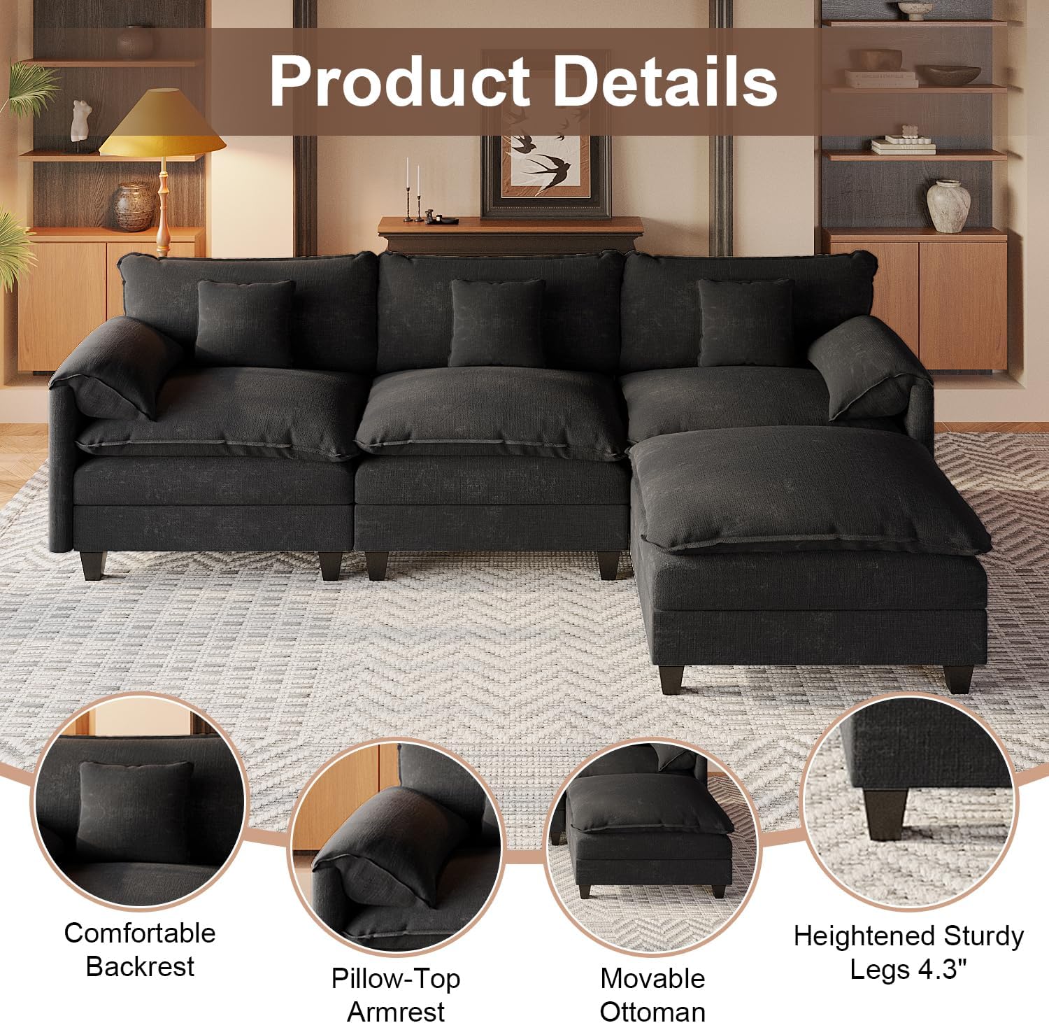 KCGKCG Modular Sectional Sofa, 108' Comfy Cloud Couch with Movable Ottoman | Charging Station | Side Pocket | Throw Pillow, Modern L-Shaped Couches for Living Room, Chenille, Charcoal Black