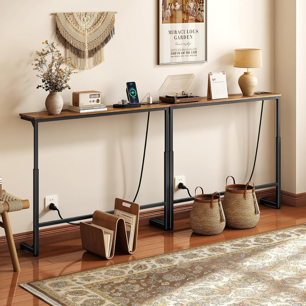 Kitstorack 2-Pack Rustic Brown Console Table, 7.9' Deep Panel, Adjustable Height (25'-33') & Built-in Power Outlets, Behind Sofa Couch, Includes 4.9' Power Cord - 78.8' Total Long