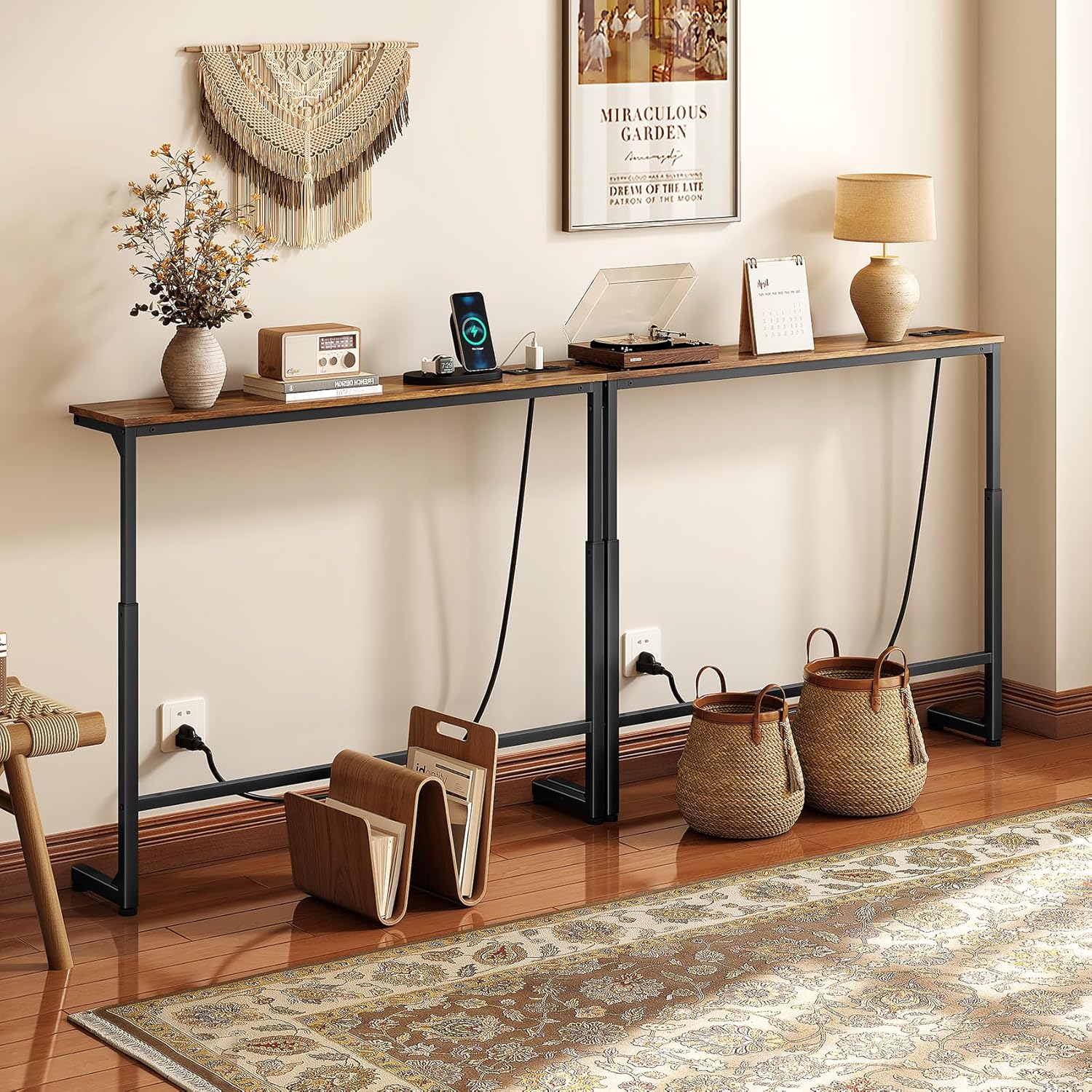 Kitstorack 2-Pack Rustic Brown Console Table, 7.9' Deep Panel, Adjustable Height (25'-33') & Built-in Power Outlets, Behind Sofa Couch, Includes 4.9' Power Cord - 78.8' Total Long