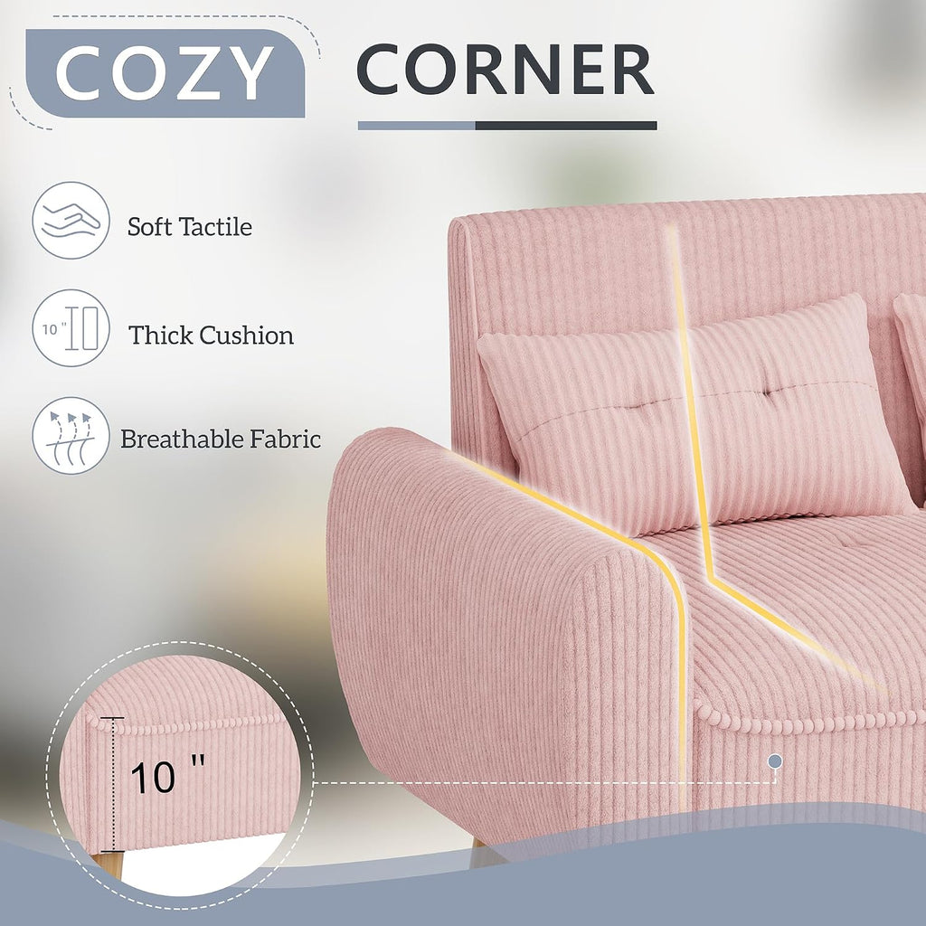 Shintenchi 48'' Loveseat Sofa, Mid-Century Modern Upholstered Couch Deep Seat with 2 Pillows, 10' Thick Cushion with Spring, Solid Wood Frame Small Couch for Living Room, Bedroom, Dorms & Office, Pink