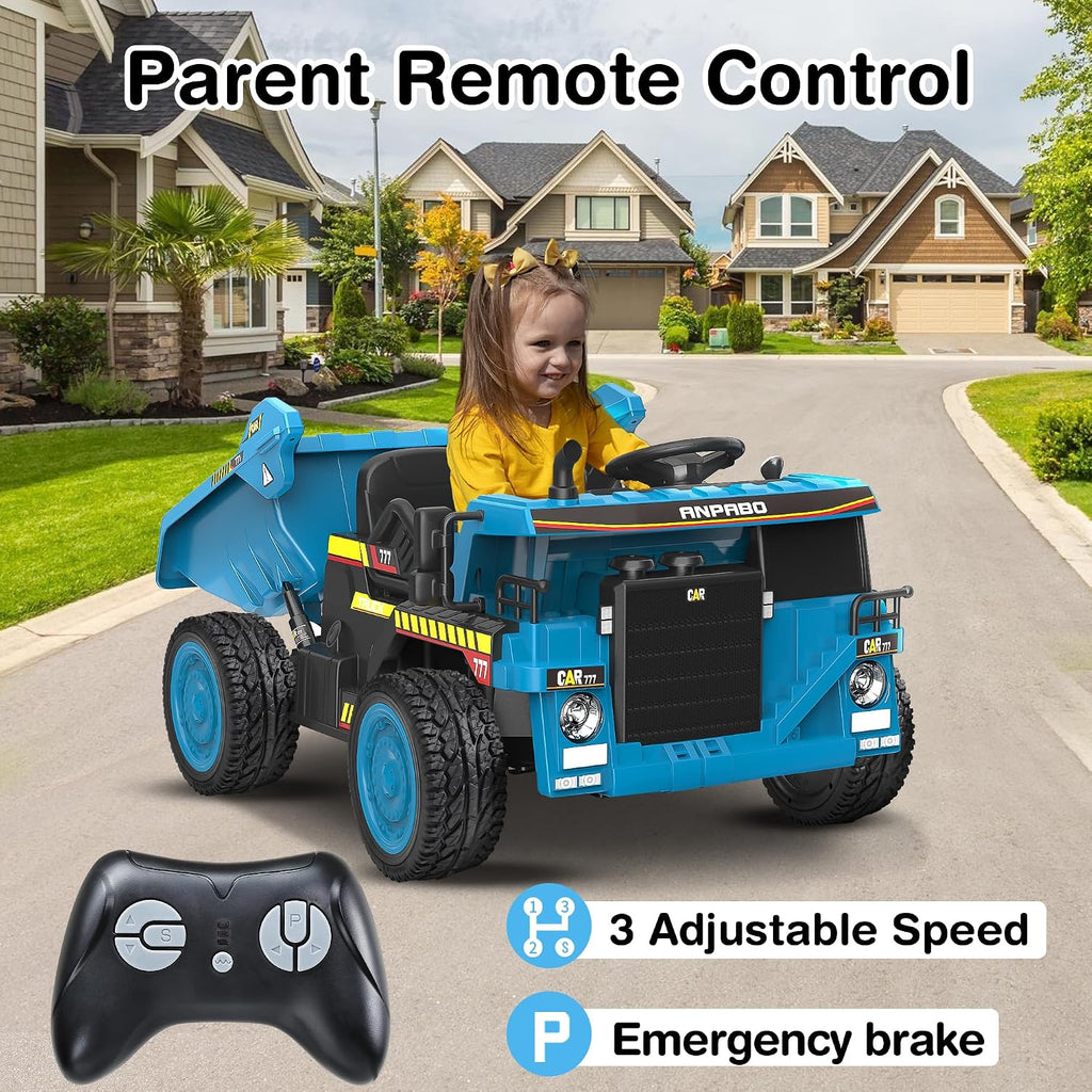 ANPABO 24V Ride On Dump Truck, 2X75W Powerful Motors, Up to 4.4Mph, EVA Tires, Construction Vehicle w/Electric Dump Bed and Extra Shovel, 19' Spacious 2 Seater, Kids Car w/Parent Remote -Blue