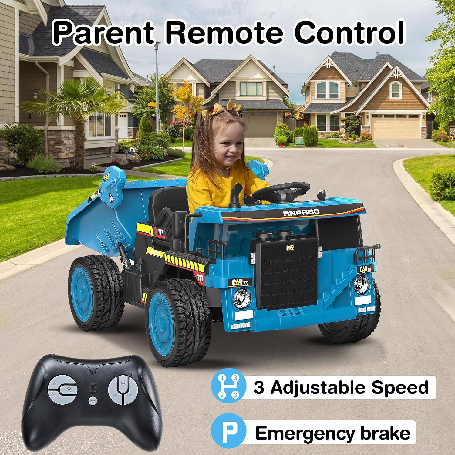 ANPABO 24V Ride On Dump Truck, 2X75W Powerful Motors, Up to 4.4Mph, EVA Tires, Construction Vehicle w/Electric Dump Bed and Extra Shovel, 19' Spacious 2 Seater, Kids Car w/Parent Remote -Blue
