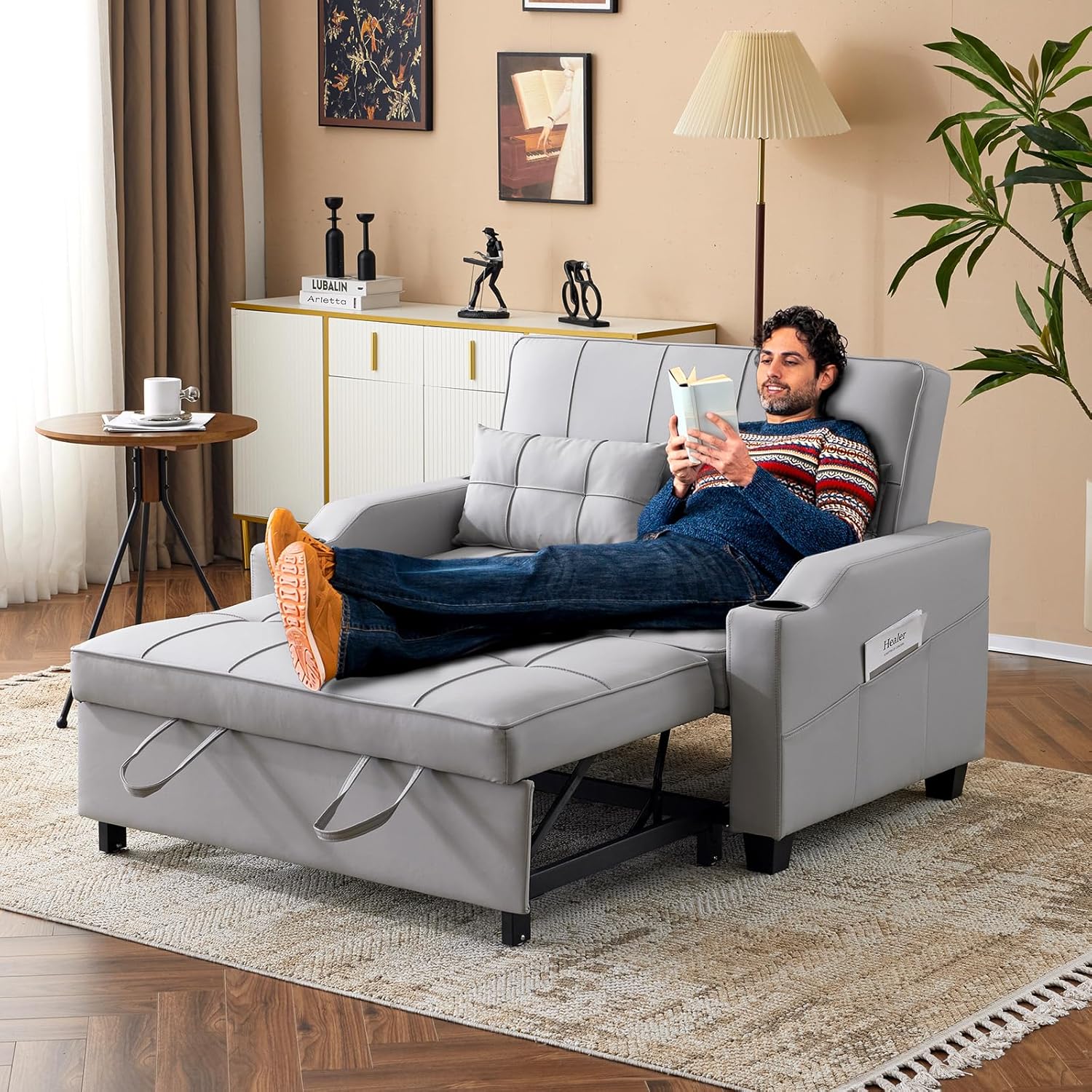 VINGLI Light Grey Futon Sofa Bed Convertible Loveseat Sleeper Couch, Faux Leather Pullout Sofa Fold Out Couch Bed with USB Ports, Cup Holders, Armrest for Living Room, Bedroom Apartment Room