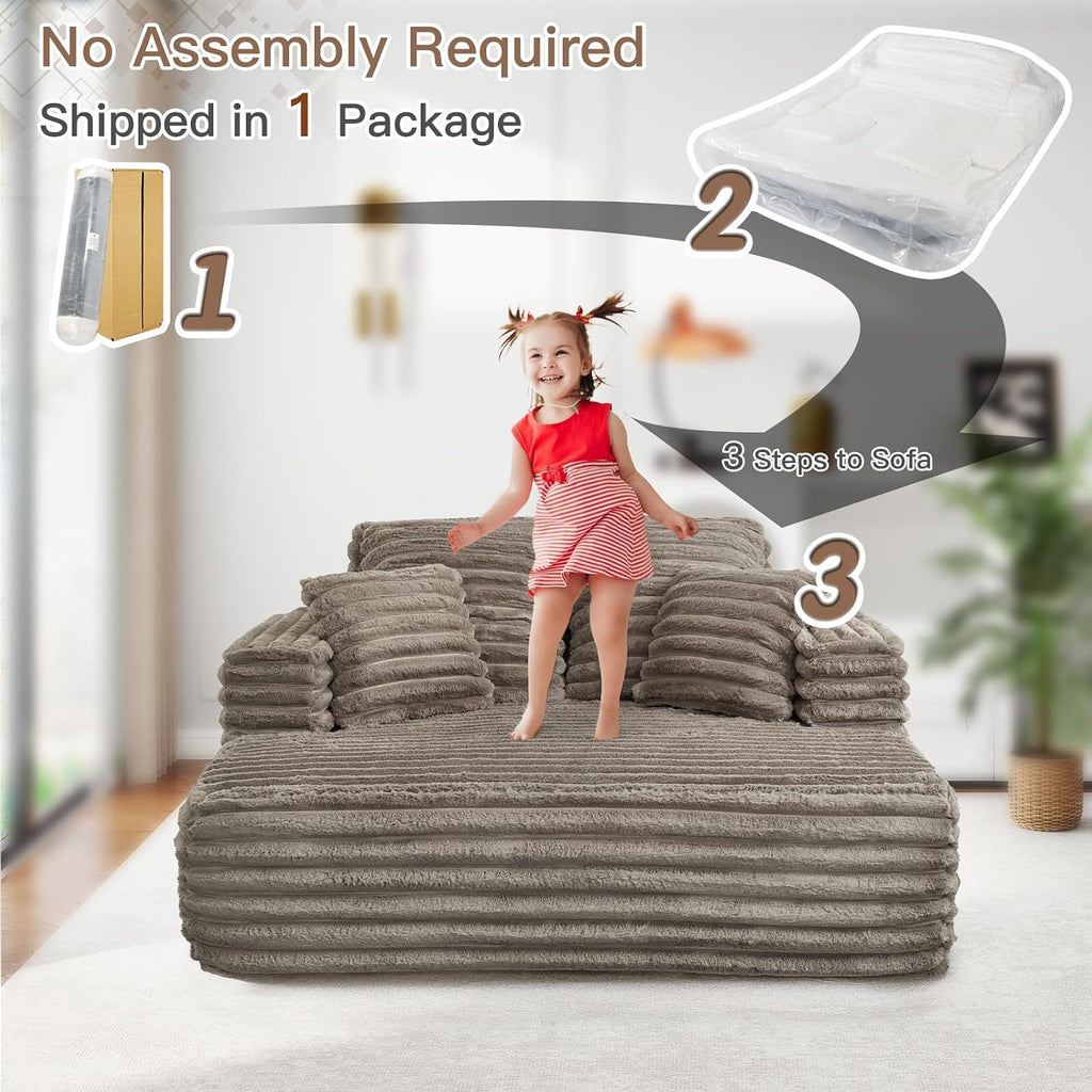 JEEOHEY 56' Oversized Chaise Lounge Chair Indoor,Plush Faux Fur Sleeper Sofa Couch Bed with Pillows&Wide Armrests,Fluffy Comfy Cloud Couch,Compression Foam Couch for Living Room,Bedroom(Brown)