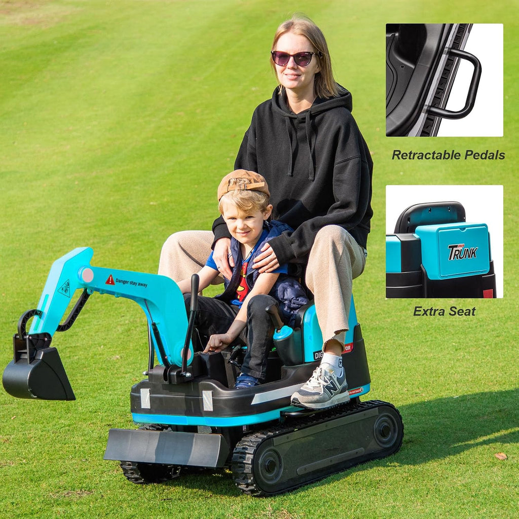 JOYLDIAS 360 Degree Rotating Ride On Excavator and Bulldozer,12V12AH Battery Powered Ride On Toy Backhoe W/Track Design Wheels for All Terrain,Remote Control,MP3,Toolbox for Kids,Parent,Blue