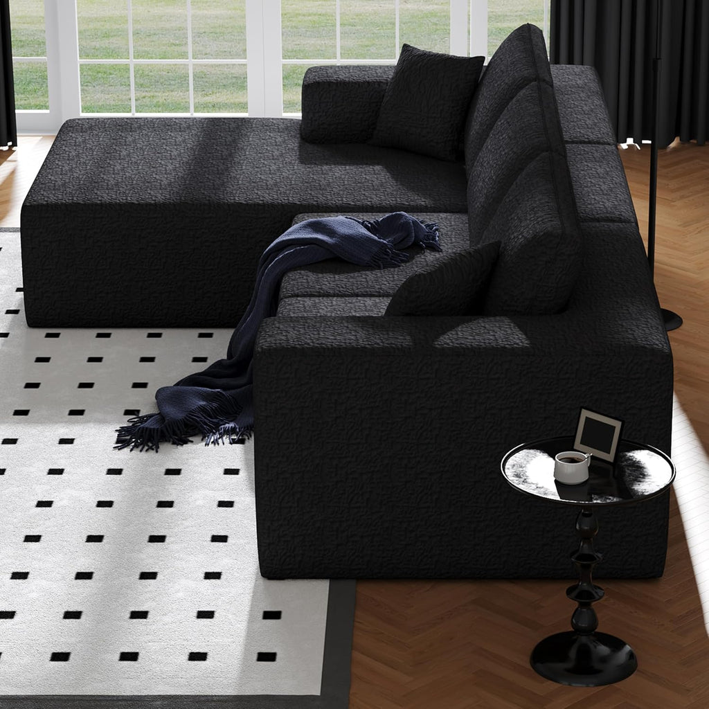 108' Cloud Modular Sectional Couch with L-Shape Chaise, Modern Sectional Sofa with Deep Seat Couch, Ultra Soft Knit Fabric Couches for Living Room, No Assembly Required, Left Facing Chaise (Black)